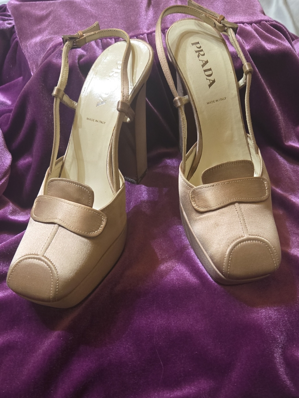 Prada Cream Caramel Soft Satin Slingback Platform Block Heels Square Toe